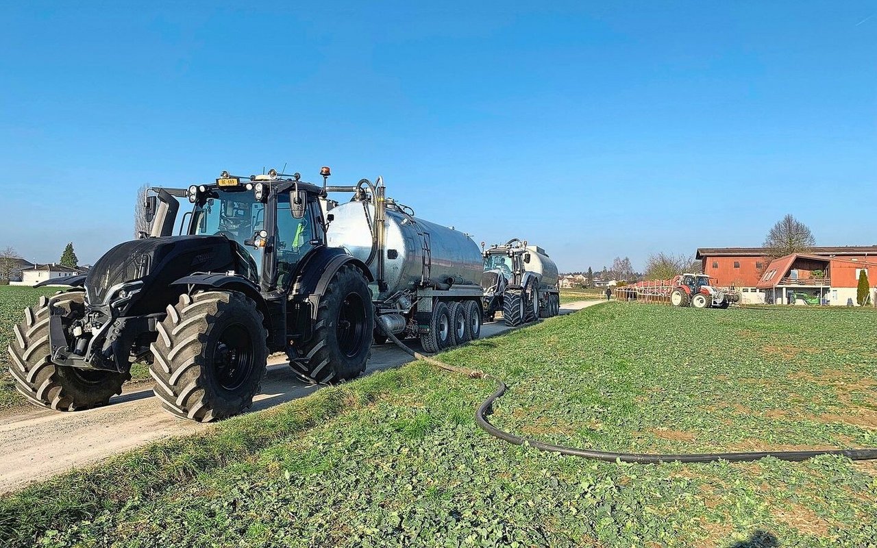 Das Lohnunternehmen Hofstetter transportiert die Gülle an den Feldrand für die Verschlauchung. Wenn möglich, wird ab Loch verschlaucht.
