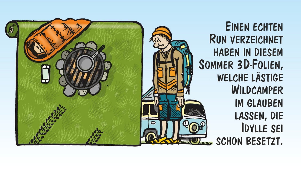 Diese Folie hält Wildcamper vom Feld fern. Cartoon: Marco Ratschiller/Karma