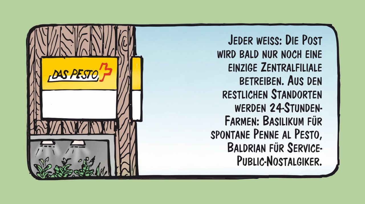 24-Stunden-Farmen statt Postfilialen: Cartoon von Marco Ratschiller / Karma.
