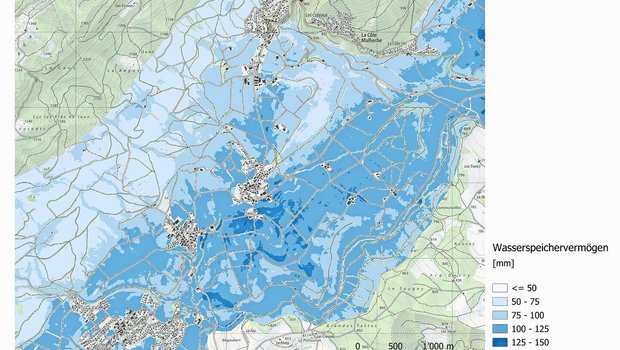 Karte zum Wasserspeichervermögen am Fusse des Waadtländer Jura. Gebiete mit den tiefsten Reserven entsprechen Wald oder sehr steinigen Gebieten.Bild: HAFL