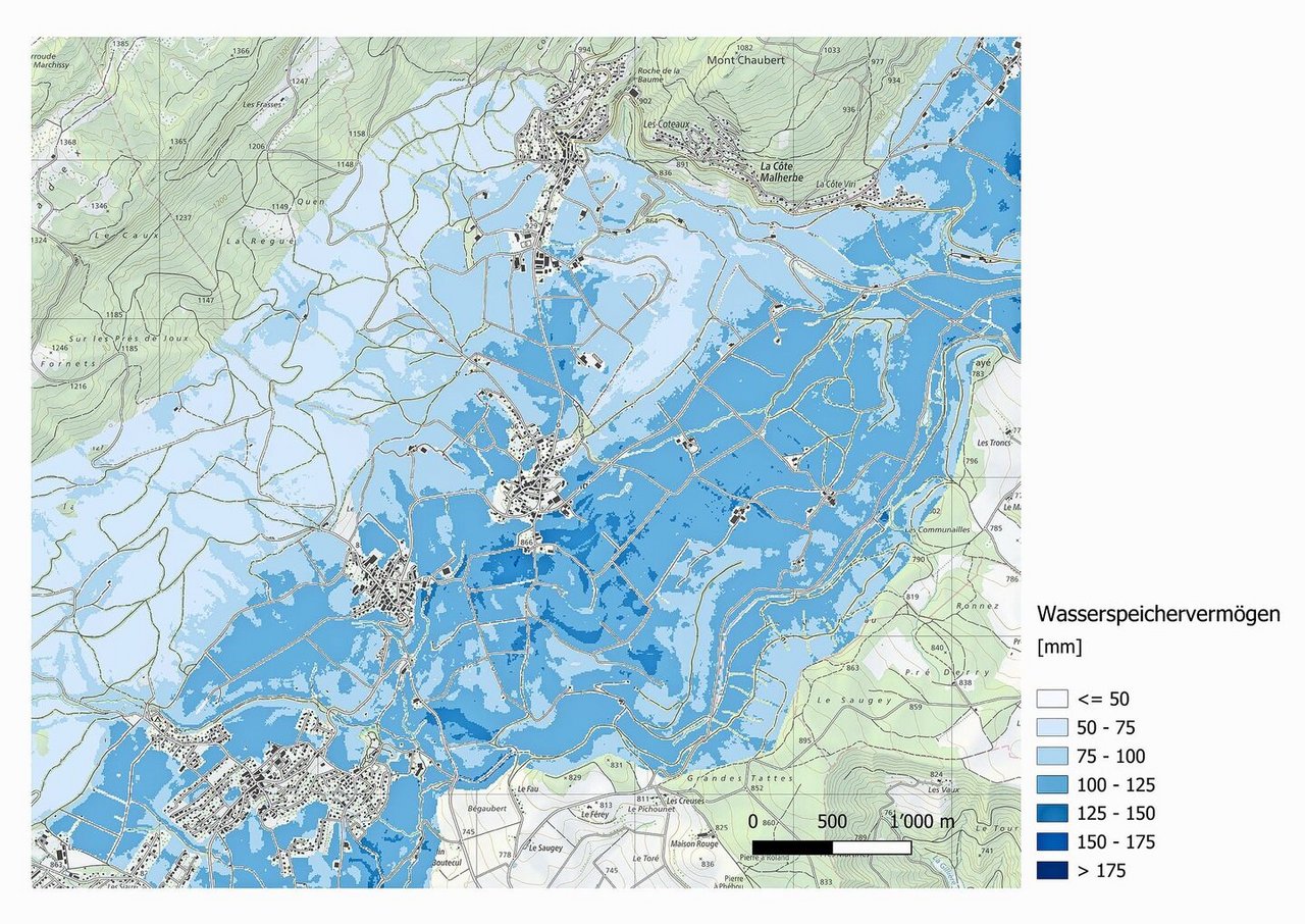 Karte zum Wasserspeichervermögen am Fusse des Waadtländer Jura. Gebiete mit den tiefsten Reserven entsprechen Wald oder sehr steinigen Gebieten.Bild: HAFL