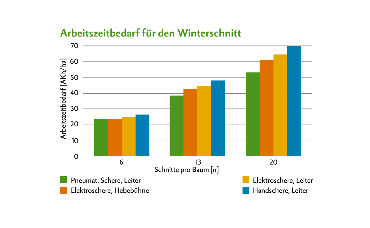 Die Anzahl der Schnitte pro Baum beeinflusst den Arbeitszeitbedarf beim Winterschnitt deutlich. Ob mit pneumatischer Schere, Elektroschere oder Handschere gearbeitet wird oder ob Leiter oder Hebebühne zum Einsatz kommen, hat kaum Einfluss. Quelle: Matthias Schick, Agroscope Tänikon, 2014 / Grafik: die grüne