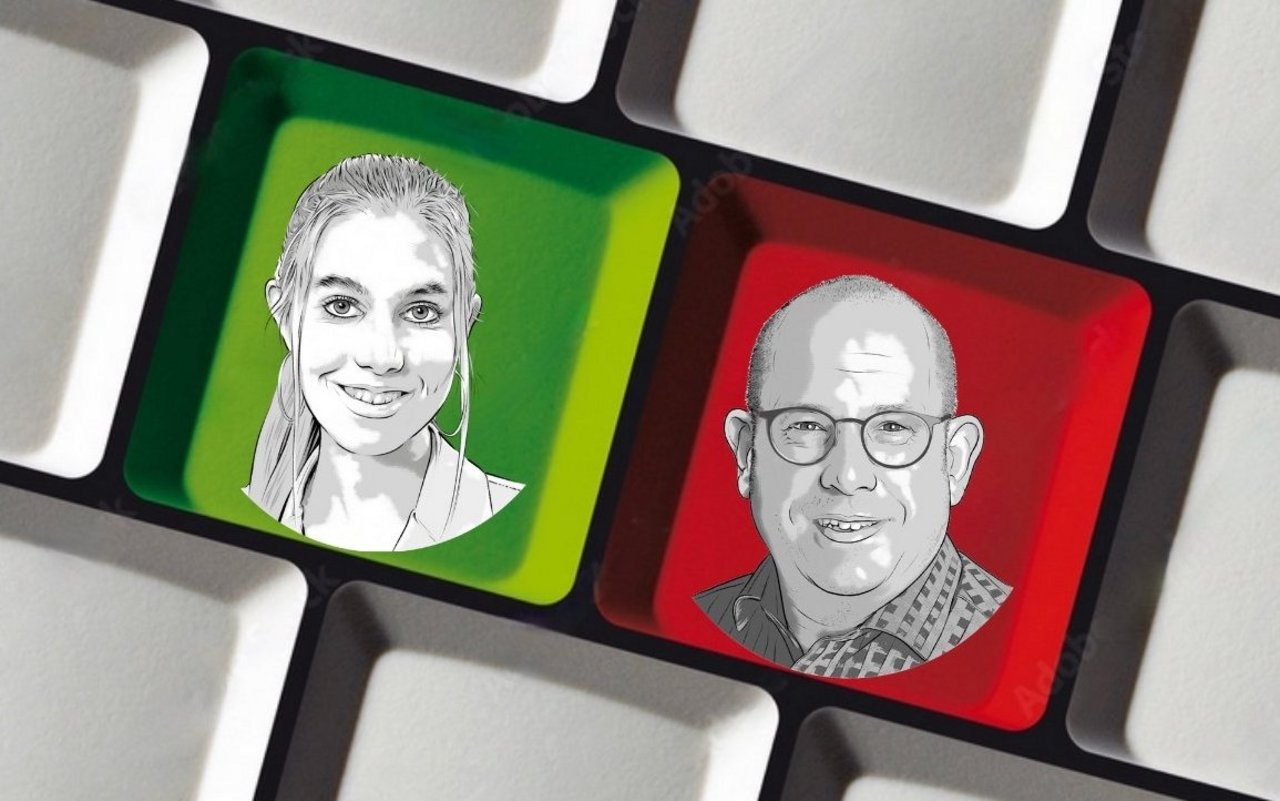 Symboldbild einer Computer-Tastatur mit Porträtueichnungen von Meret Schneider und Stefan Müller.