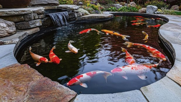 Sauerstoff gelangt durch den Wasserfall in den Koiteich.