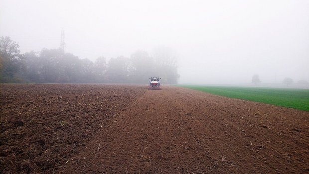 IP-Suisse Weizen Extenso Traktor fährt mit der Sämaschine über das Feld.