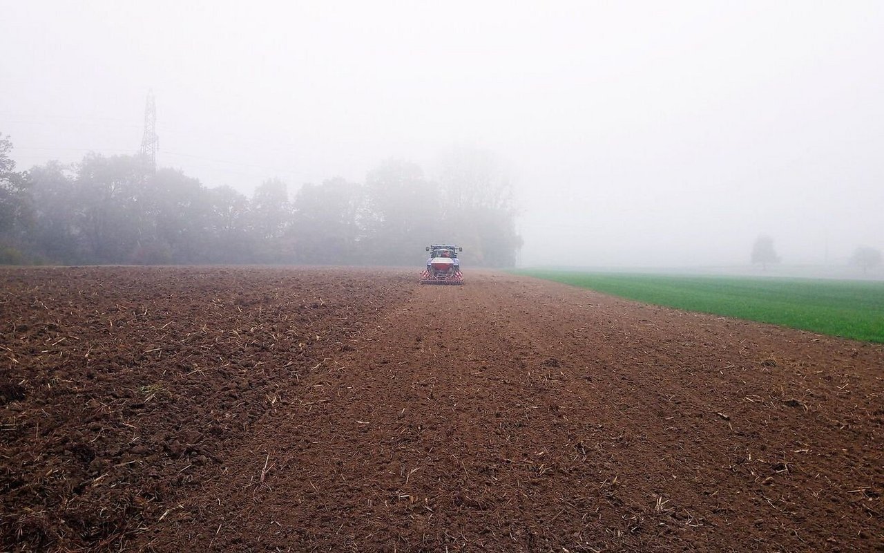 Traktor fährt mit der Sämaschine über das Feld.