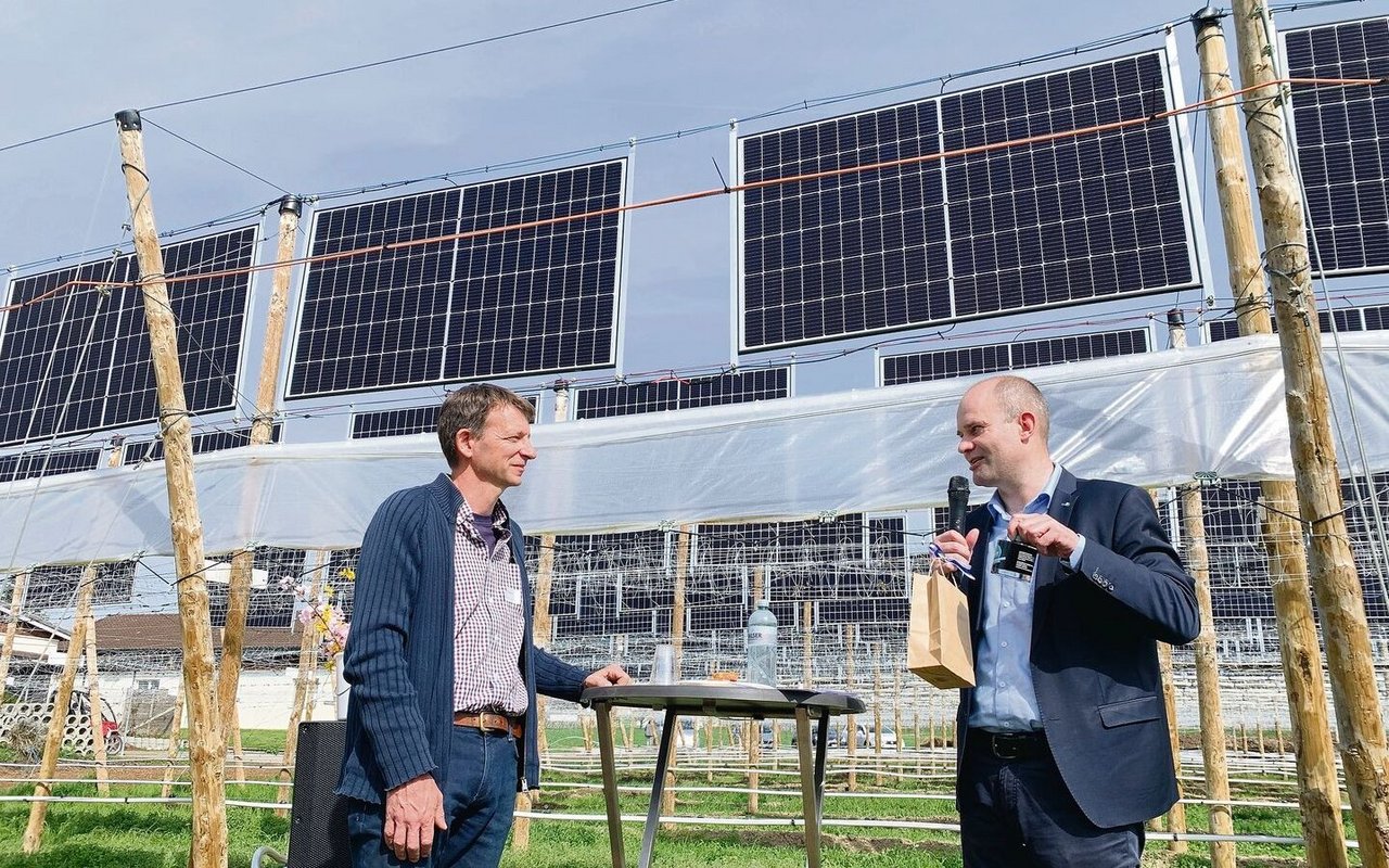 Der Luzerner Regierungsrat Fabian Peter (r.) gratuliert Biobauer Heinz Schmid zur Pilotanlage mit drei verschiedenen Systemen von Agri-Photovoltaik über Himbeeren. 