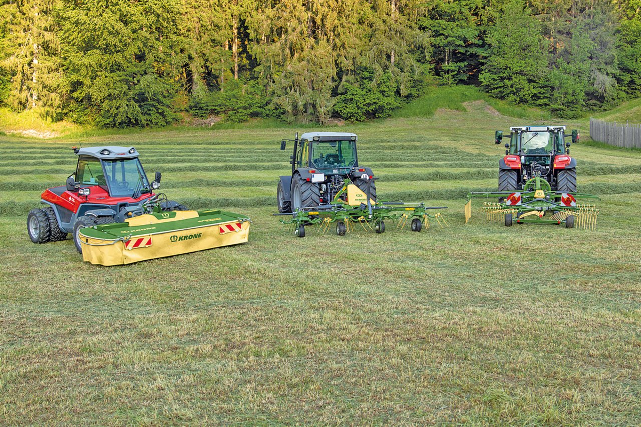 Krone produziert neue Futtererntemaschinen für die Bergmechanisierung. Mit der Baureihe «Highland» wagt sich der deutsche Futterbauspezialist in steiles Gelände. Bild: zvg