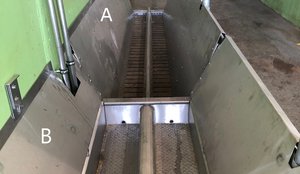 Vorgeschaltete Klauenwaschanlage mit Wasser (A) und anschliessendem Klauenbad (B). Die geschlossenen Seitenwände verringern den Flüssigkeitsverlust und verhindern, dass die Tiere ausweichen oder daneben treten. Der Gang neben dem Bad ermöglicht ein selektives Baden, damit Tiere mit aktiven «Erdbeeri» und Verbänden nicht durch das Bad müssen. Bild: Inforama Rütti