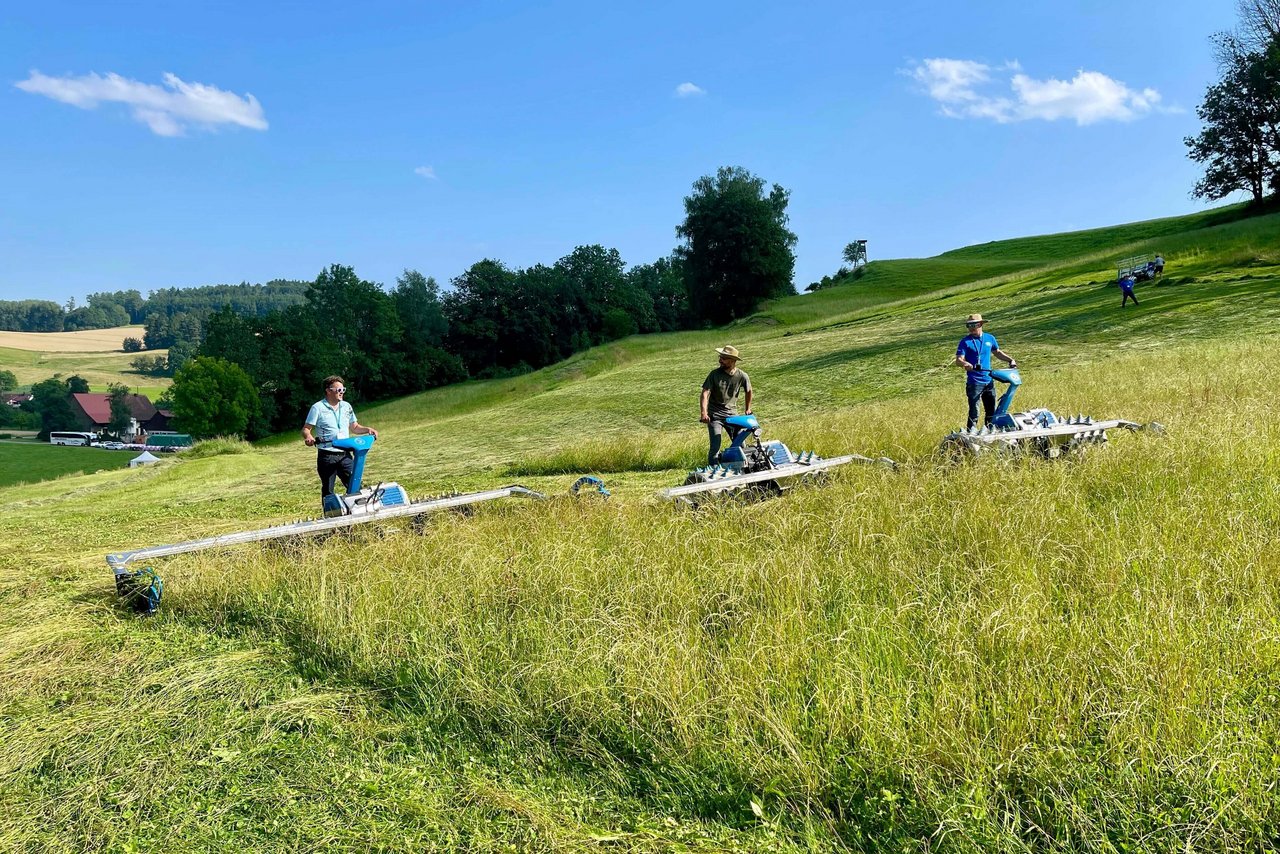 Die «alte» und neue Generation der Brielmaier-Motormäher in Action – hier im schwäbischen Deggenhausertal. (Bild: Jürg Vollmer / «die grüne»)