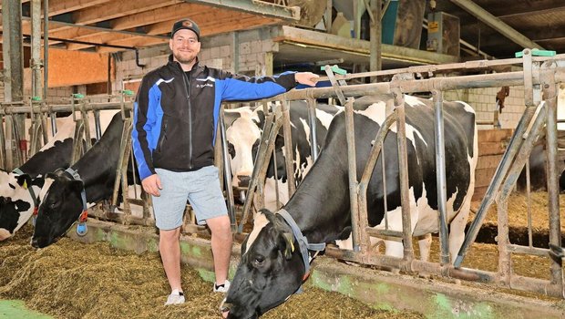 Pascal Krebs neben einer seiner 75 Milchkühe. Im Stall hält er Holstein, Red Holstein und Brown Swiss. Das Melken übernimmt ein Melkroboter, die Milchleistung beträgt 12 000 kg Milch pro Kuh und Jahr.