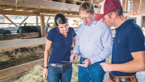 Michèle, Moritz und Jonathan Kobel sehen auf dem Tablet nicht nur, wie viele Fleisch-Bestellungen eingehen, sondern auch, welches Tier wo ist. Bild: zVg Kobel's Hof