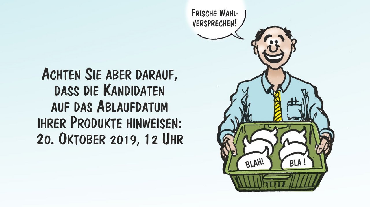 Grossartige Extras für Wahlwillige: Hinweis aufs Ablaufsdatum der Wahl! Cartoon von Marco Ratschiller / Karma.
