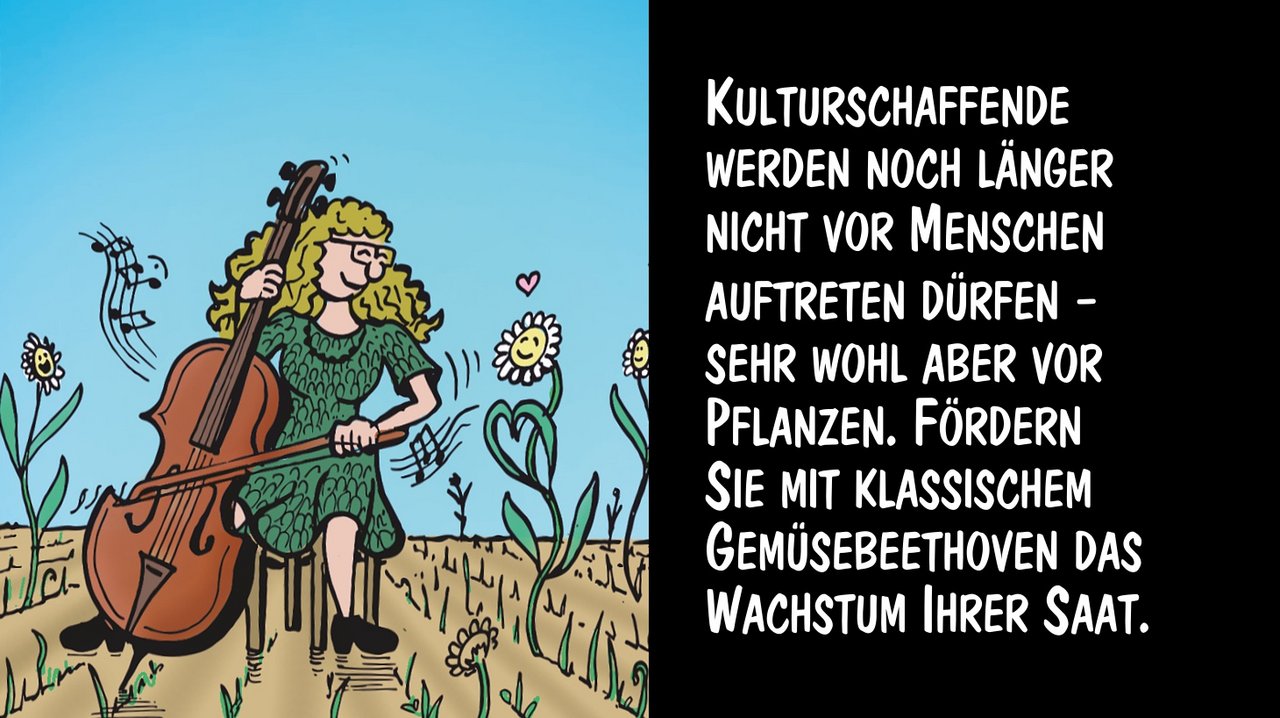 Kulturschaffende als Unterstützung im Ackerbau. Cartoons: Marco Ratschiller/Karma