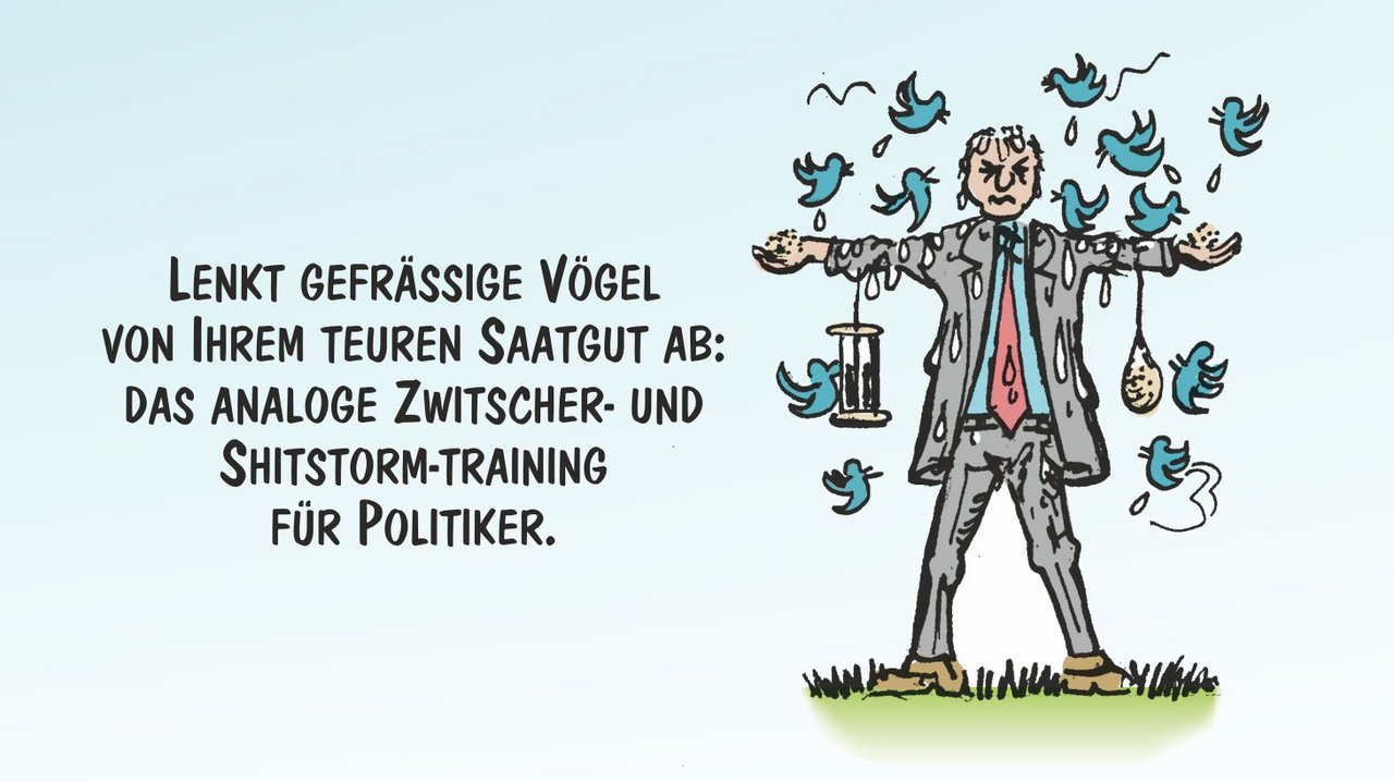 Grossartige Extras für Wahlwillige: Zwitscher- und Shitstorm-Camp. Cartoon von Marco Ratschiller / Karma.