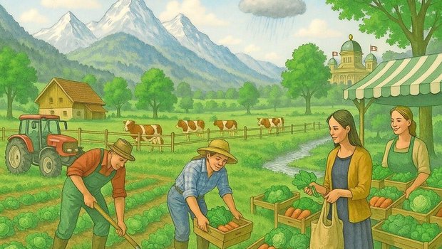 Sechs Handlungsfelder, die die Landwirtschaft fit für die Zukunft machen: Wandel, Innovation, Ressourcen, Klima, Digitalisierung und nachhaltige Ernährung.