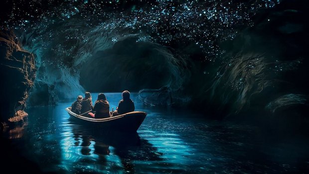 Visualisierung der Bootsfahrt durch die Glühwürmchenhöhle im Walter Zoo.