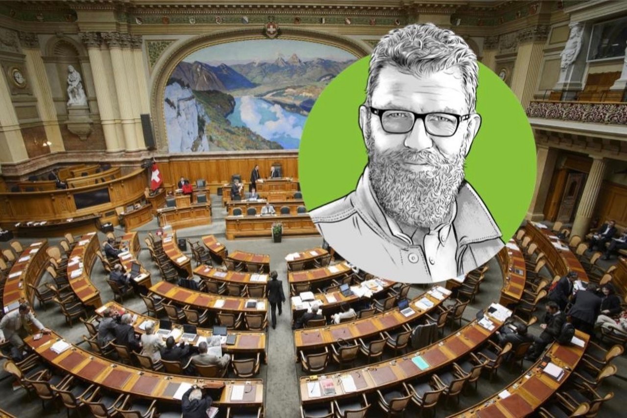 Der Nationalratssaal im Bundeshaus in Bern, Porträtzeichnung von «die grüne»-Chefredaktor Jürg Vollmer. (Bild: parlament.ch / Illustration: Bruno Muff)