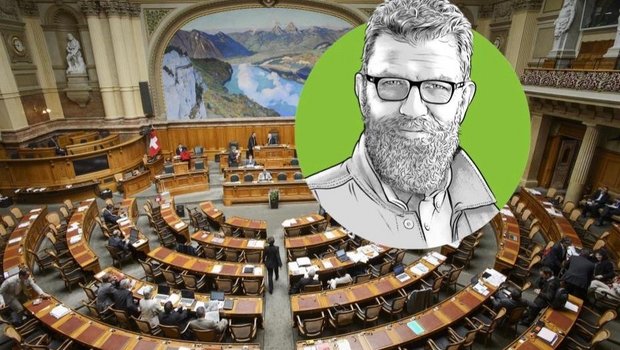 Der Nationalratssaal im Bundeshaus in Bern, Porträtzeichnung von «die grüne»-Chefredaktor Jürg Vollmer. (Bild: parlament.ch / Illustration: Bruno Muff)