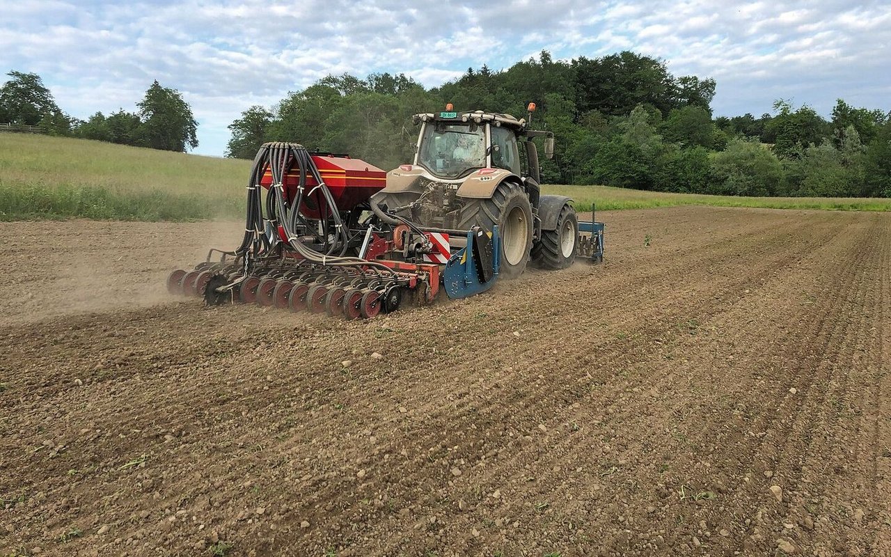 Hier realisierte Serge Duperrex eine eigene Idee. Die Spatenmaschine ersetzt den Pflug und mit dem aufgesattelten Sägerät kann in Kombination gesät werden.