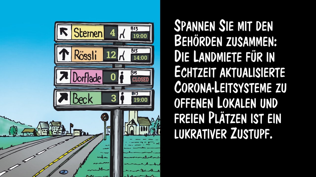 Ein lukrativer Zustupf: Land für Corona-Leitsysteme vermieten. Cartoons: Marco Ratschiller/Karma