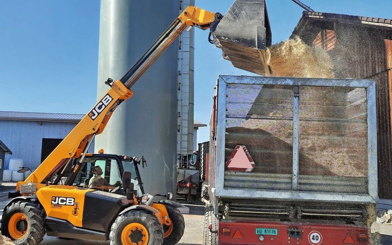 Der Teleskoplader hat eine Hubhöhe von 6 Metern und hebt maximal 2,5 Tonnen. Damit kann Landwirt Thomas Renggliauch grosse Transportanhänger beladen.