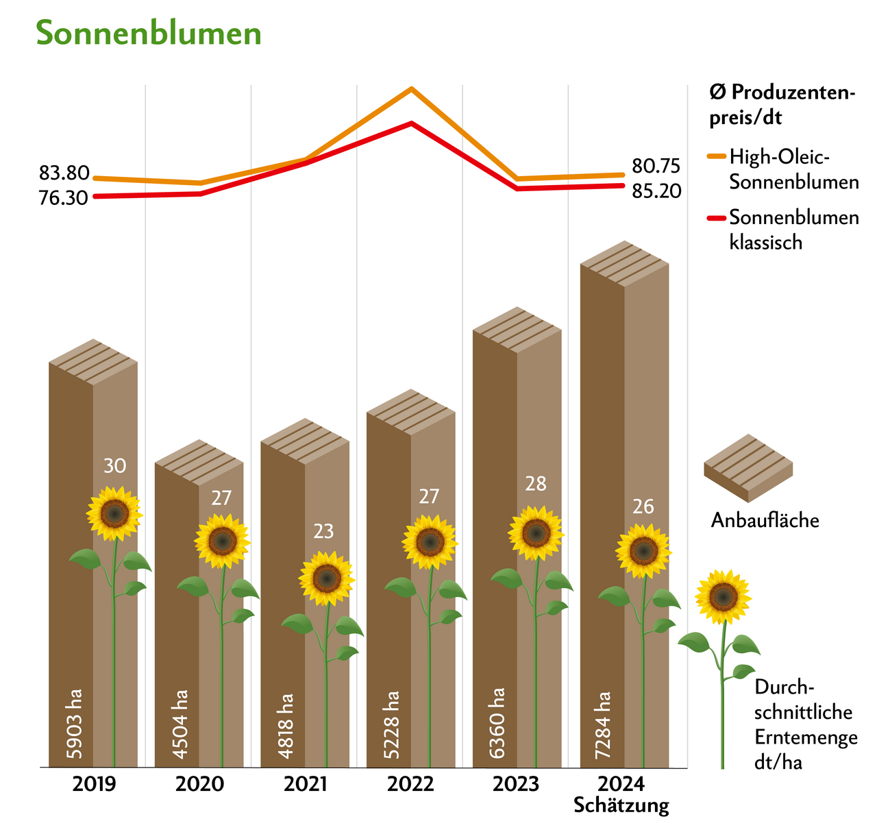  Die Anbauflächen für Sonnenblumen sind im Vergleich zum Vorjahr um 924 Hektaren gestiegen. Seit 2020 ist die Fläche stets gestiegen. Quelle: Swiss Granum