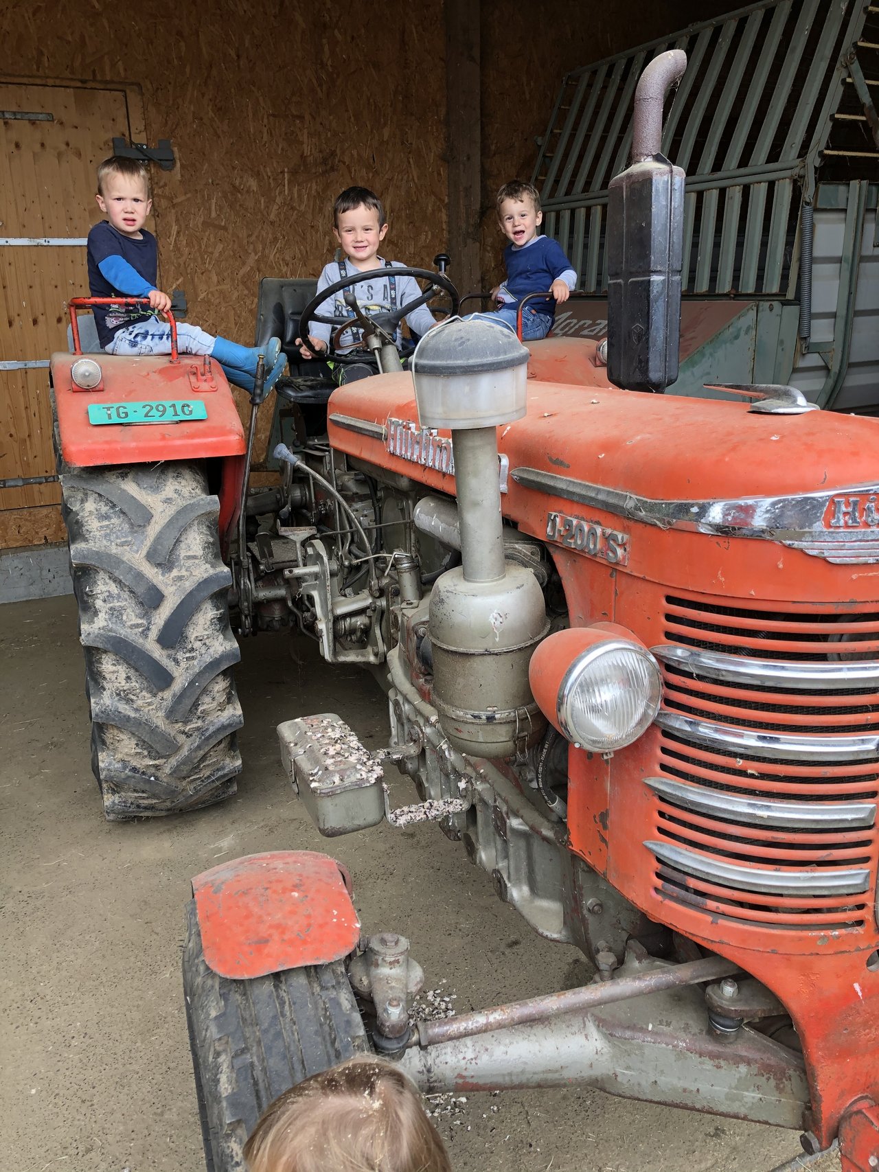 Simon (4), mit Jonas & Pascal (je 2) auf dem Hürlimann D-200 S - Bild eingesendet von Cäcilia Truniger