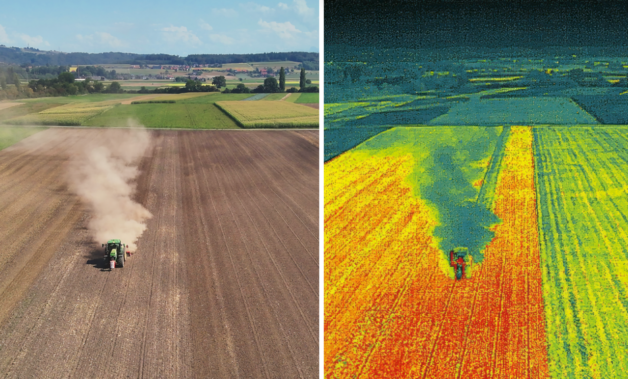 Die Farben im Wärmebild: Dunkelrot: max. 66,8 Grad; Hellgrün: min. 39,8 Grad. Der aufsteigende Staub von der Bodenbearbeitung ist kühler als das bereits vor längerer Zeit geeggte Feld links. Das Feld rechts sowie die Spur hinter dem Traktor sind ebenfalls etwas kühler, weil gerade frisch geeggt wird.