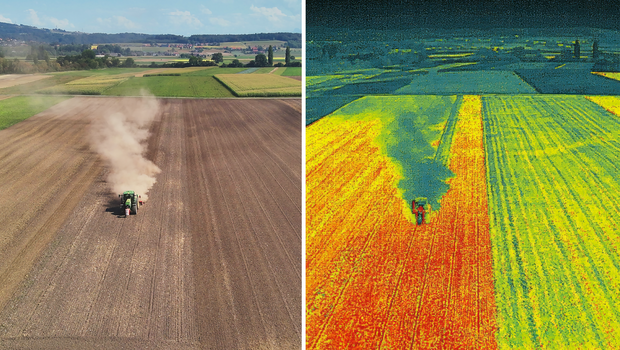 Die Farben im Wärmebild: Dunkelrot: max. 66,8 Grad; Hellgrün: min. 39,8 Grad. Der aufsteigende Staub von der Bodenbearbeitung ist kühler als das bereits vor längerer Zeit geeggte Feld links. Das Feld rechts sowie die Spur hinter dem Traktor sind ebenfalls etwas kühler, weil gerade frisch geeggt wird.