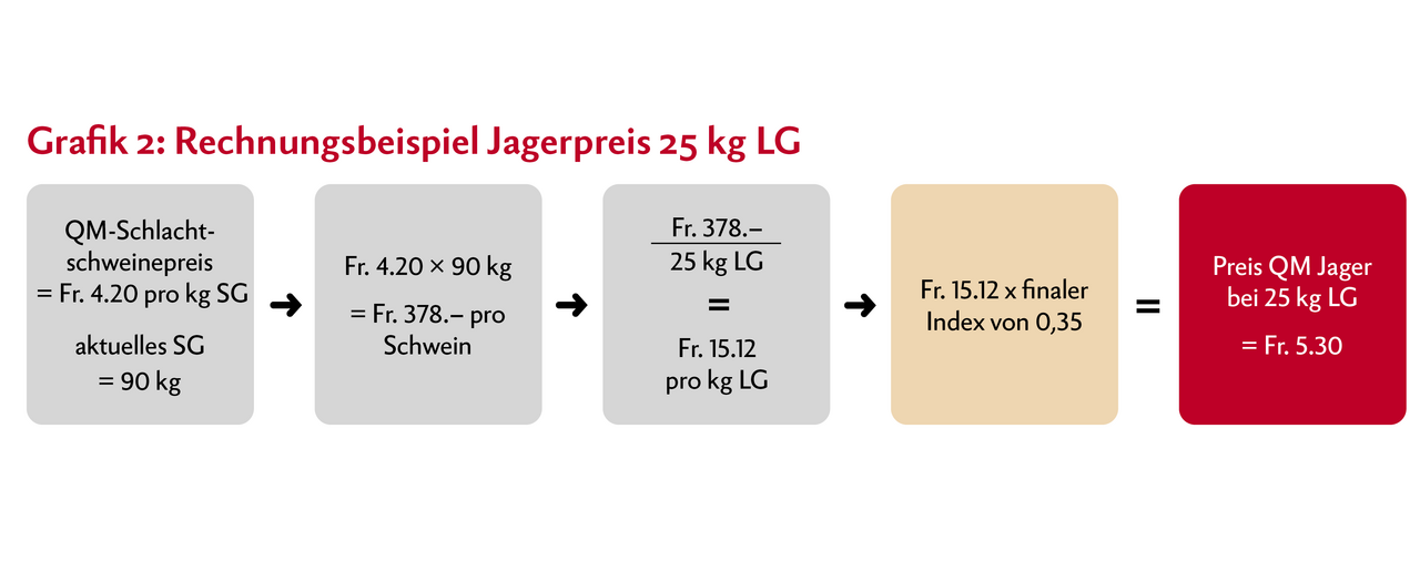 Der Marktpreis für QM-Schlachtschweine lag in der Woche 9 bei Fr. 4.20 pro kg Schlachtgewicht (SG). Dieser Preis wird umgerechnet, um den Preis pro kg Lebendgewicht (LG) zu erhalten, welcher wiederum mit dem finalen Index multipliziert wird. Dieser finale Index wurde in Grafik 1 hergeleitet und beträgt in unserem Rechnungsbeispiel 0,35. Am Ende erhält man den Preis für einen 25 kg schweren Jager. Die Preise für 20, 30 und 40 kg LG werden davon abgeleitet. Je höher der Schlachtschweinepreis, umso mehr Geld kann verteilt werden und umso höher ist auch der Jagerpreis. Quelle: Suisseporcs