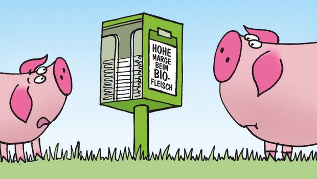 Wieso sind Bioprodukte teurer? Cartoon von Marco Ratschiller/Karma Wieso sind Bioprodukte im Detailhandel teurer, obwohl die Landwirte nur einen Bruchteil der Mehreinnahmen bekommen? Cartoon: Marco Ratschiller/Karma