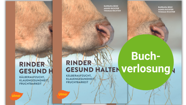 Rinder gesund halten - Fachbuch Vor dem Buch-Cover prangt ein grüner Punkt, auf dem "Buchverlosung" steht.