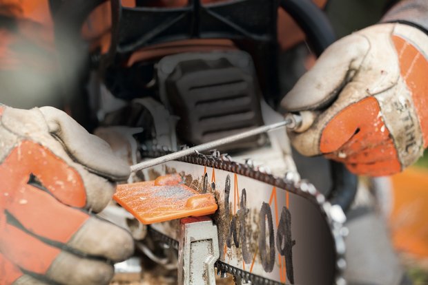 Motorsäge: schneller schneiden mit scharfer Kette Mit der passenden Feile und dem richtigen Winkel, wird die Kette wieder scharf. Bild: zvg