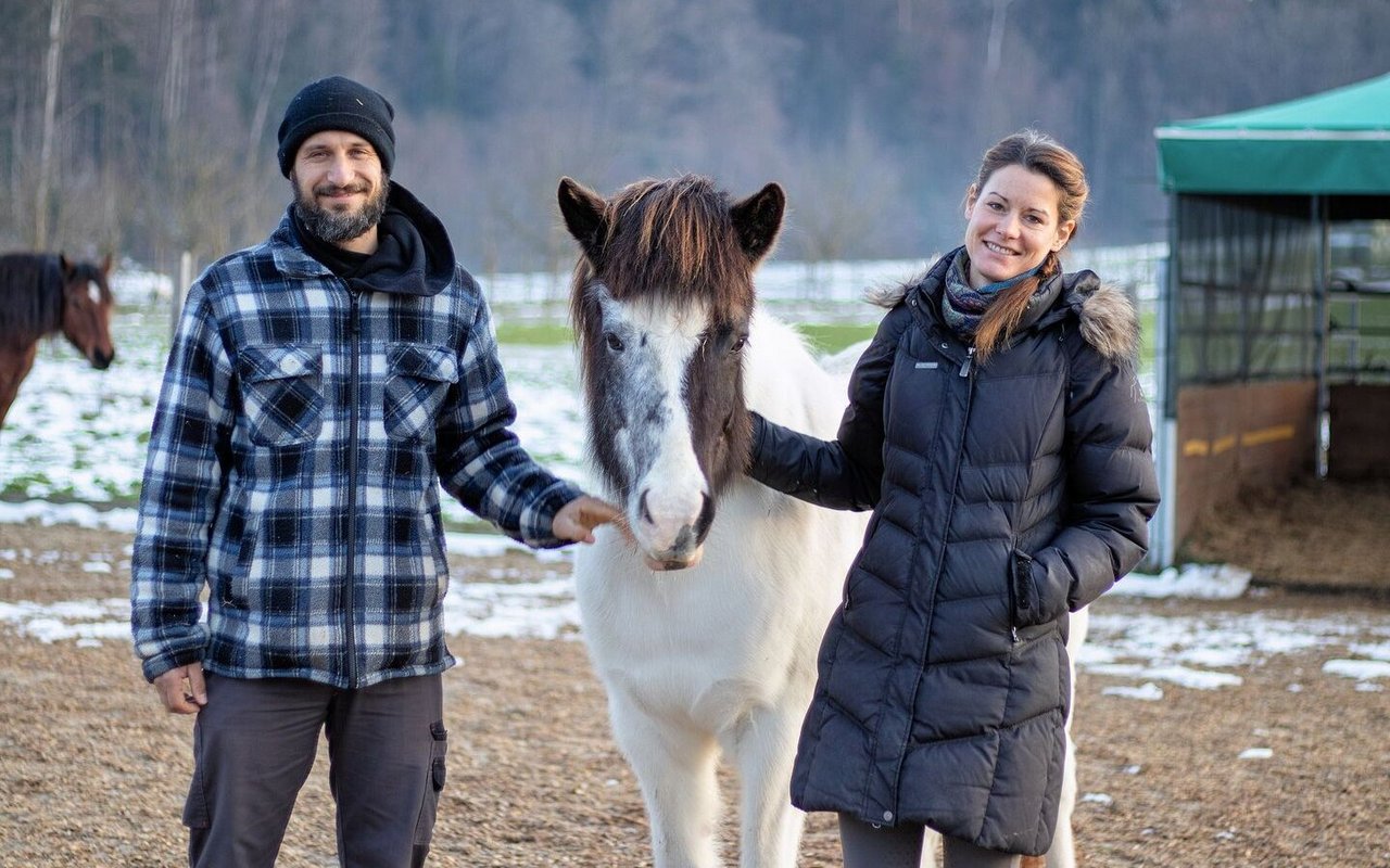 Thomas Reinhard und Fabienne Meier stehen mit ihrem Pferd Njola auf der grosszügigen Anlage des Naturhofes Waltwil4.