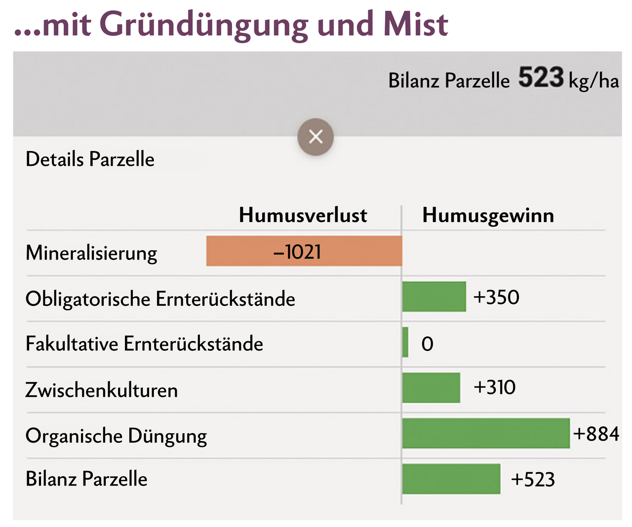 Mit der frühen Ansaat einer abfrierenden Gründüngung und der Gabe von 10 Tonnen Mist ist die Bilanz bereits positiv.