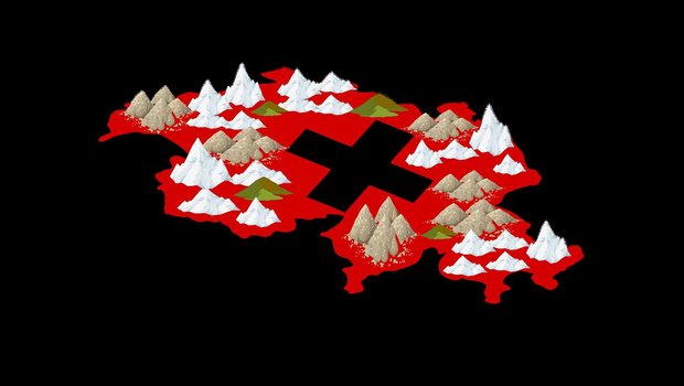 Umriss der Schweiz mit Schweizer Kreuz und stilisierten Bergen.