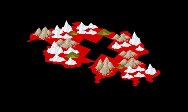 Landwirtschaft: Österreich und Schweiz im Vergleich Umriss der Schweiz mit Schweizer Kreuz und stilisierten Bergen.