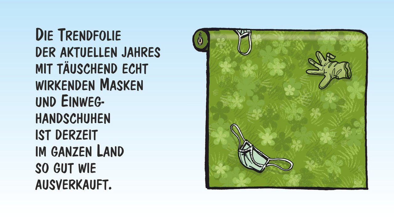 Die Trendfolie 2020, mit Einwegmasken. Cartoon: Marco Ratschiller/Karma