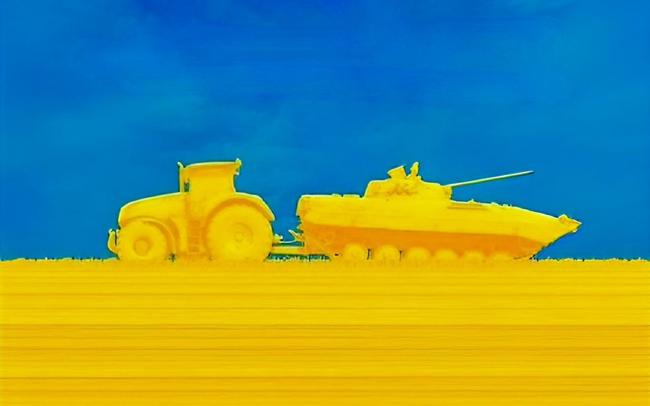 Zeichnung eines Traktors, der einen russischen Panzer abschleppt.