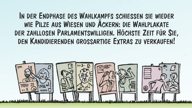 Grossartige Extras für Wahlwillige. Cartoon von Marco Ratschiller / Karma.