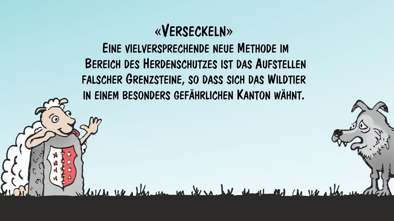 Neue Vergrämungstaktiken gegen Wildschäden. Cartoons von Marco Ratschiller / Karma für «die grüne»