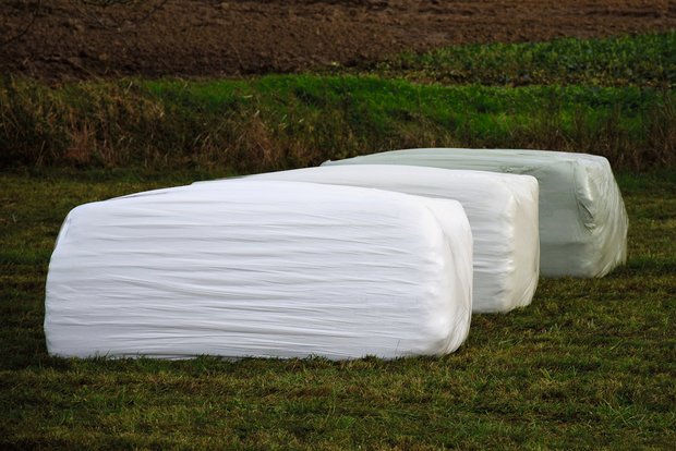 Siloballenfolie mit Recycling-Anteil: Ein Schritt Richtung Nachhaltigkeit Bei der «Triowrap loop»-Folie (Mitte) liegt der Anteil an gebrauchtem Kunststoff bei rund einem Drittel. Im Alltag merkt Landwirt Urs Theiler keinen Unterschied. Bild: zVg