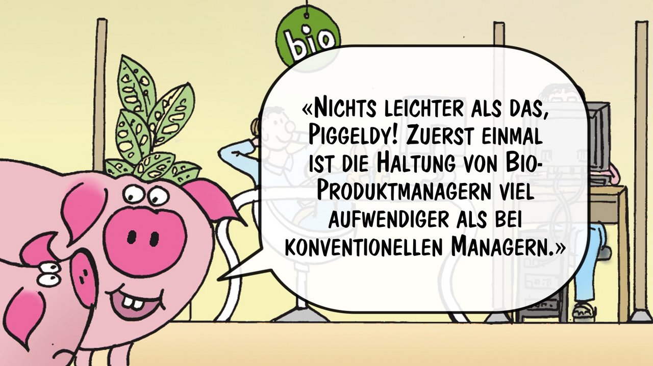 Frederick erklärt die Haltung von Bio-Produktmanagern. Cartoon: Marco Ratschiller/Karma