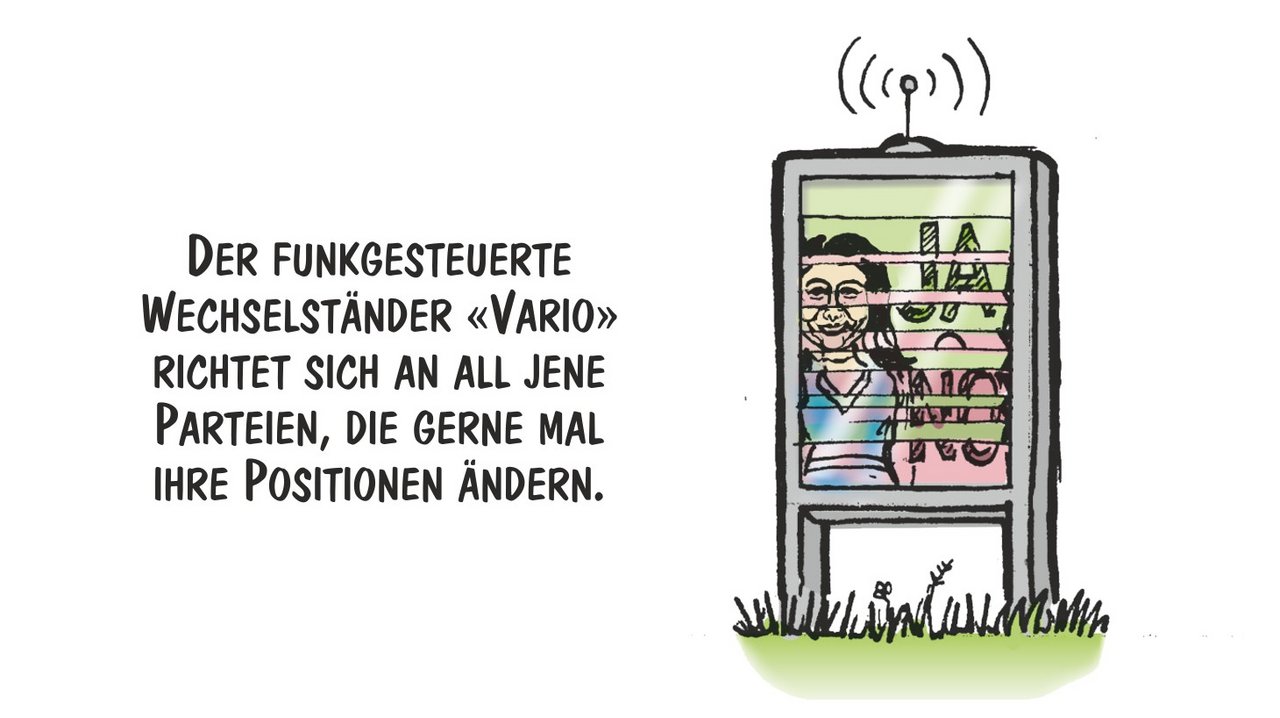 Grossartige Extras für Wahlwillige: Der Wechselständer «Vario». Cartoon von Marco Ratschiller / Karma.