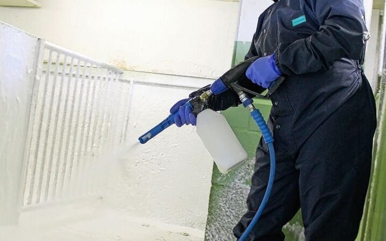 Das vorgängige «Einschäumen» erleichtert die Stallreinigung. Gründliches Nachspülen und Abtrocknen ist Voraussetzung für eine wirksame Desinfektion.