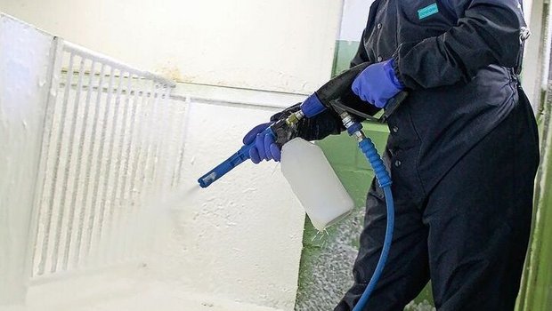 Das vorgängige «Einschäumen» erleichtert die Stallreinigung. Gründliches Nachspülen und Abtrocknen ist Voraussetzung für eine wirksame Desinfektion.