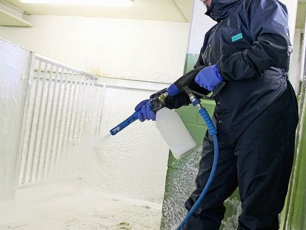 Das vorgängige «Einschäumen» erleichtert die Stallreinigung. Gründliches Nachspülen und Abtrocknen ist Voraussetzung für eine wirksame Desinfektion.