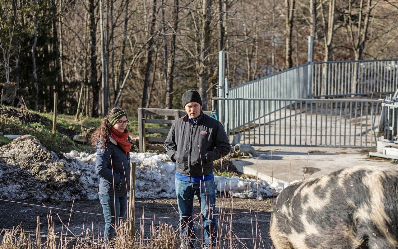 Anna Jenni vom FiBL bespricht mit Cäsar Bürgi das weitere Vorgehen im Projekt «Hausschwein».