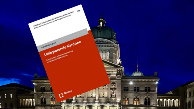 Buchcover «Lobbyierende Kantone» vor dem Bundeshaus.